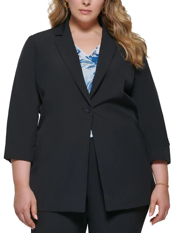 Plus Womens Knit Roll-Tab One-Button Blazer