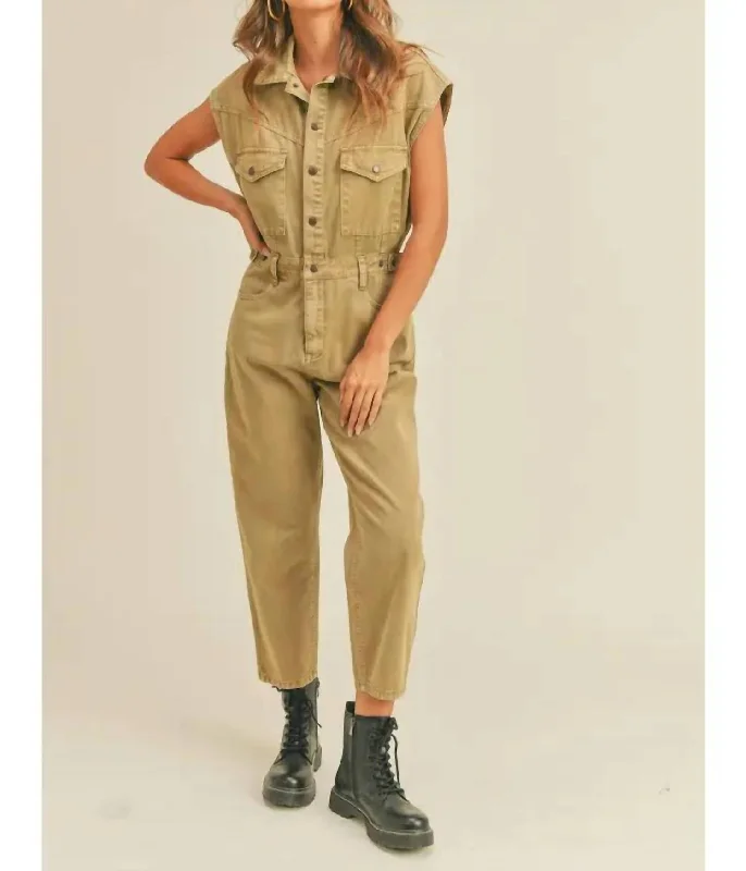 Washed Cotton Utility Jumpsuit In Vintage Olive