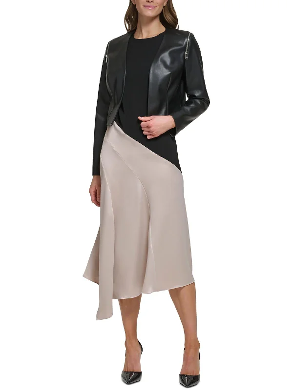 Womens Faux Leather Cropped Open-Front Blazer