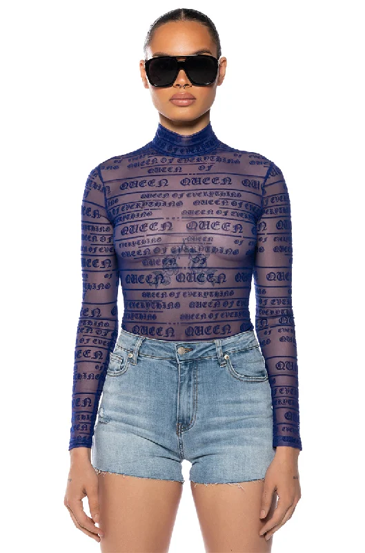 QUEEN OF EVERYTHING FLOCKED LONG SLEEVE MESH BODYSUIT