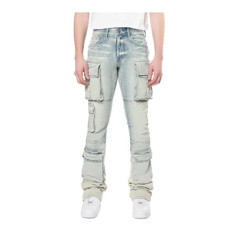 Smoke Rise Mens Utility Multi Cargo Stacked Jeans JP24143 Ombre Blue